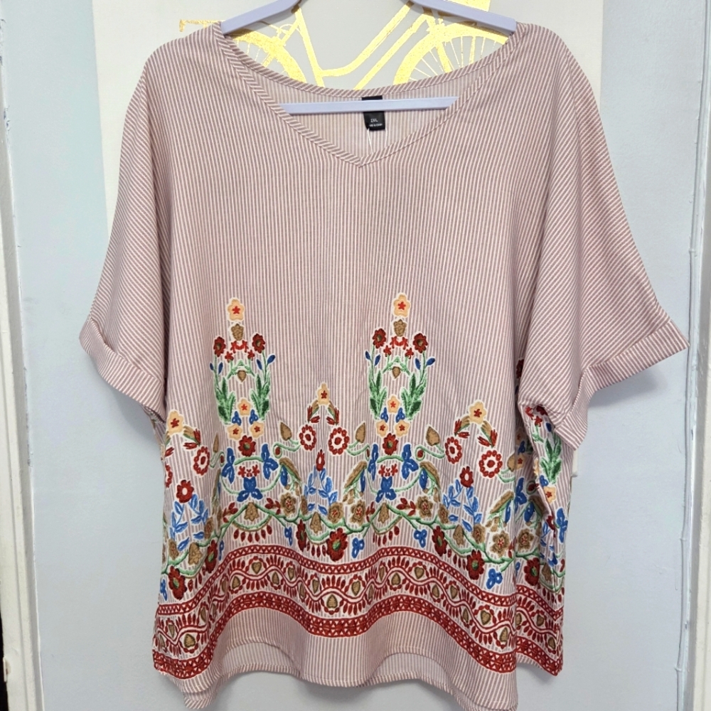 Emery Rose V Neck Red White  Striped Floral Boho Top Zize 2XL